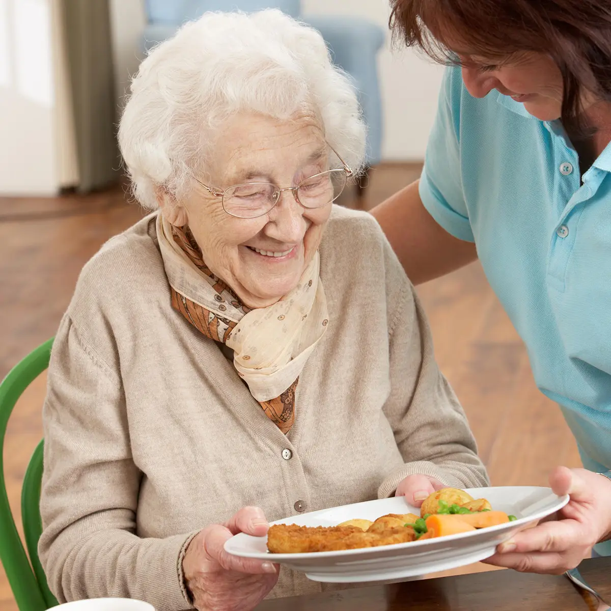 Senior Woman Being Served Meal By Carer